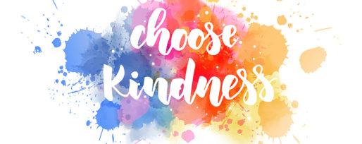 Choose kindness - handwritten modern calligraphy inspirational text on multicolored watercolor paint splash. Blue and orange colored background with abstract dots decoration.