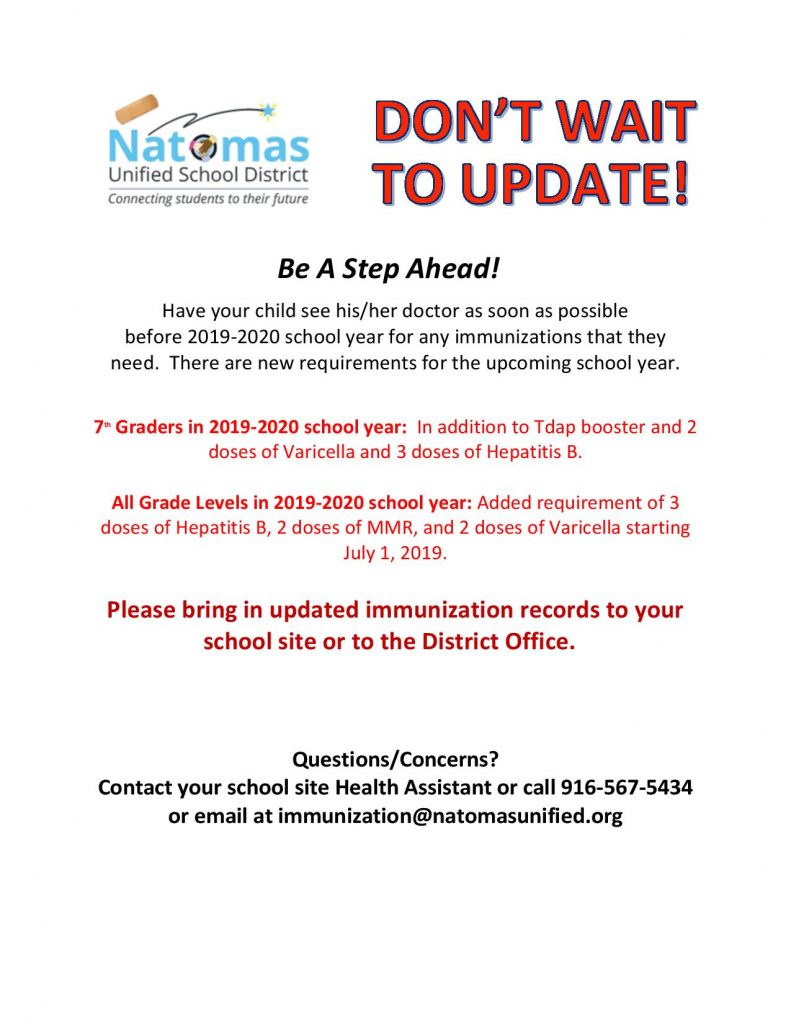 Immunizations information for the upcoming 2019-2020 school year