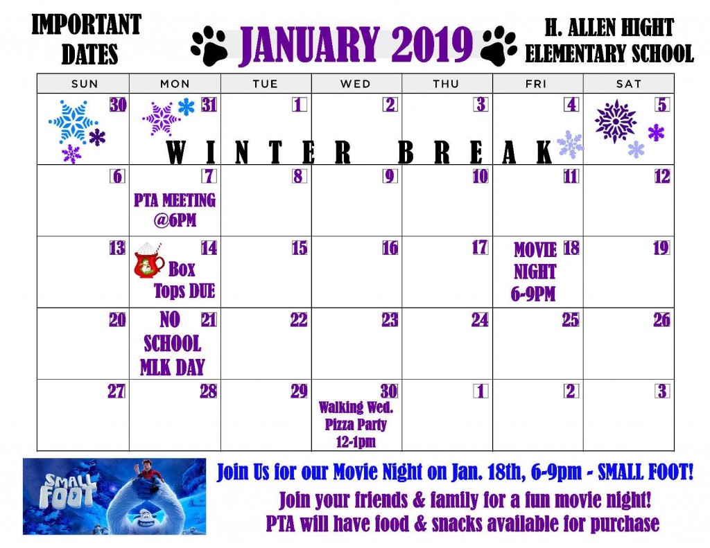 Important Dates in January H. Allen Hight Elementary
