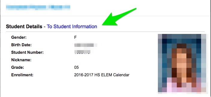 Screen shot of blurred out Student Details with arrow pointing to Student Information