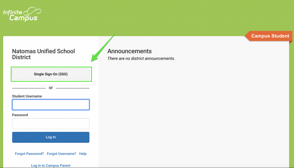 Screen Shot of Campus Student Login Page with arrow pointing to the Single Sign-On (SSO) button