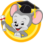 Mouse wearing graduation cap holding up diploma